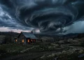 A remote farmhouse under a dark, swirling storm at night.