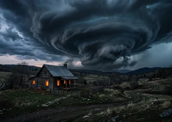 A remote farmhouse under a dark, swirling storm at night.