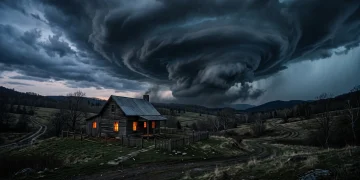 A remote farmhouse under a dark, swirling storm at night.