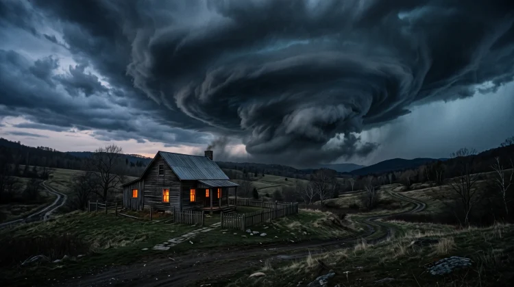 A remote farmhouse under a dark, swirling storm at night.