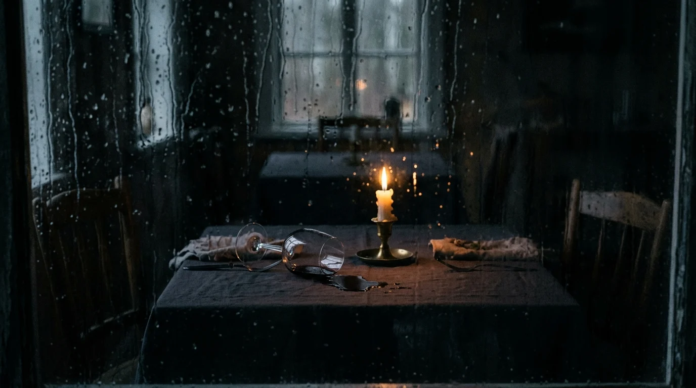 A dinner table seen through a rainy window, suggesting a disrupted celebration.