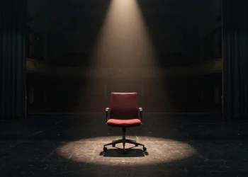 A red coach's chair on a dark stage under a spotlight.