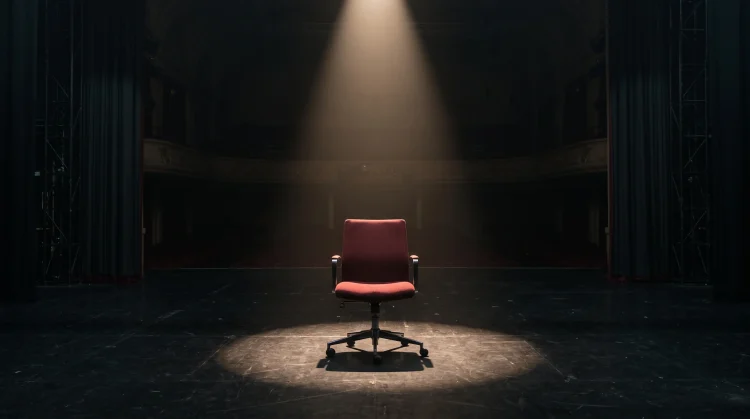 A red coach's chair on a dark stage under a spotlight.