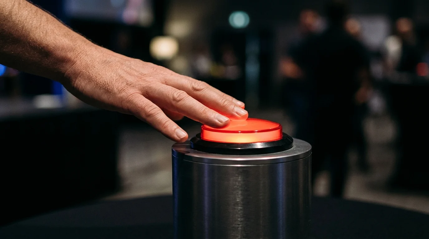 A hand approaching a red buzzer button.