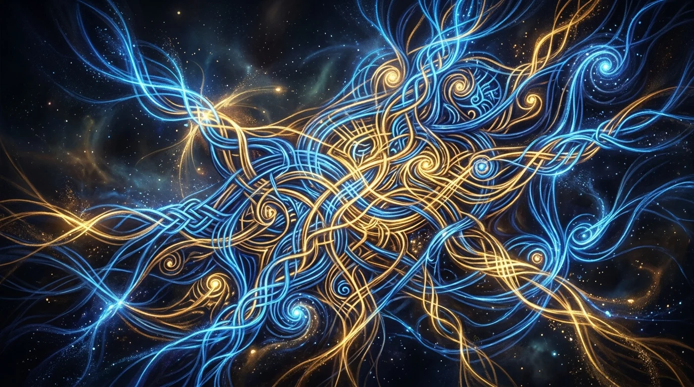 Abstract glowing threads weaving together in a magical pattern.