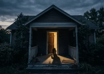 A dark house with a door slightly open under an eerie evening sky.