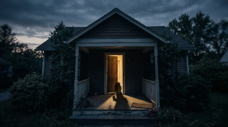 A dark house with a door slightly open under an eerie evening sky.
