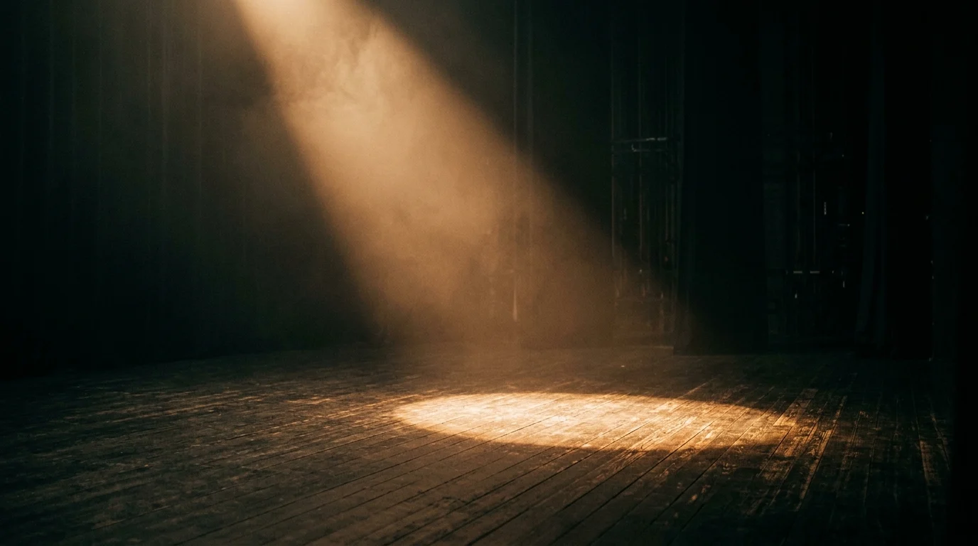 A bright spotlight on a dark theater stage