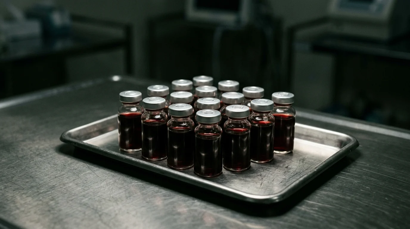 Thirteen medical vials filled with blood on a steel tray.