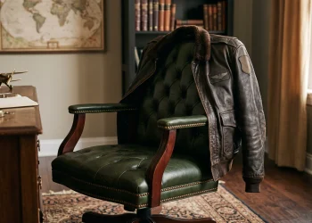 A leather flight jacket and a luxury office chair representing different film roles.