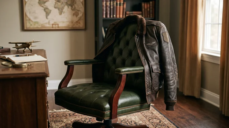 A leather flight jacket and a luxury office chair representing different film roles.