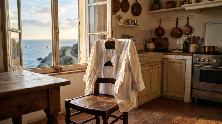 A conceptual scene of a 1970s kitchen interior near the coast.