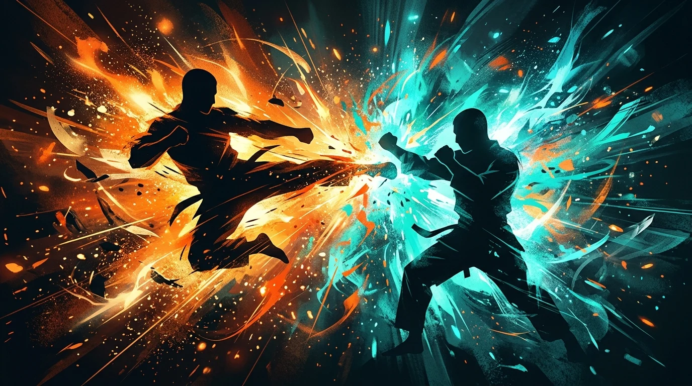 Abstract silhouette of two fighters clashing with vibrant energy effects.