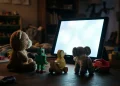 A conceptual shot of traditional physical toys looking at a glowing digital screen in a playroom.