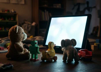 A conceptual shot of traditional physical toys looking at a glowing digital screen in a playroom.