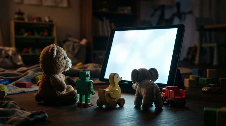 A conceptual shot of traditional physical toys looking at a glowing digital screen in a playroom.