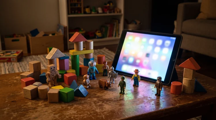 Conceptual image of traditional toys illuminated by a digital tablet screen.