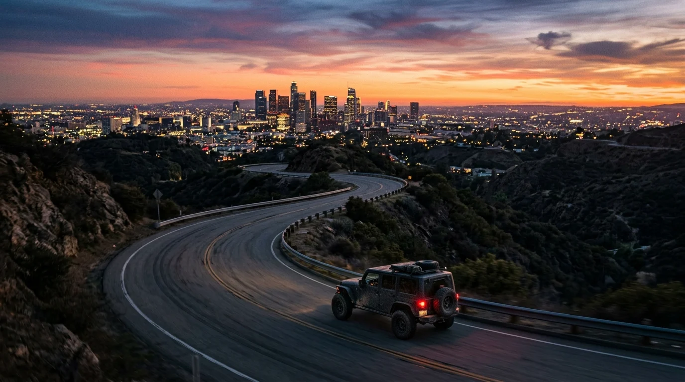 A high-angle view of a lone car on a California highway at sunset.