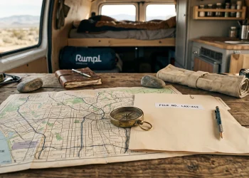 A conceptual desk layout featuring tracking equipment and a map of Los Angeles representing the show's new setting.