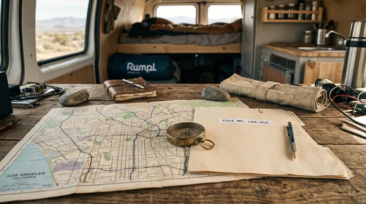 A conceptual desk layout featuring tracking equipment and a map of Los Angeles representing the show's new setting.
