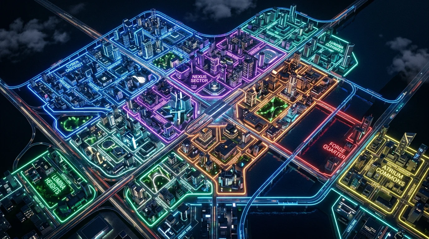 Digital visualization of an urban city layout with fictionalized markers