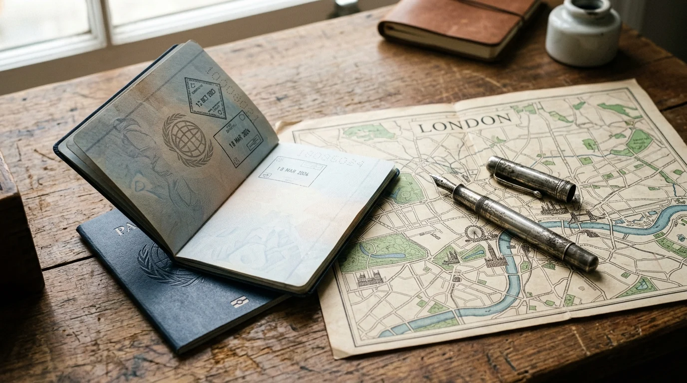 A conceptual image of a passport and a map of London on a desk.