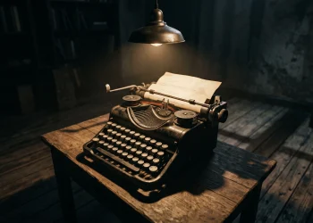 A vintage typewriter under a spotlight in a dark room.