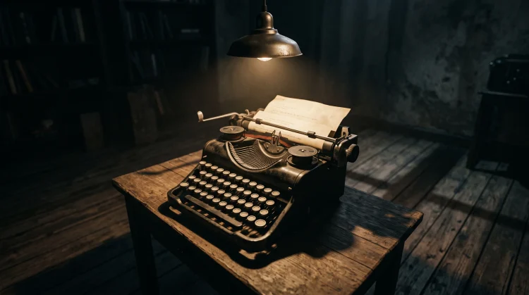 A vintage typewriter under a spotlight in a dark room.