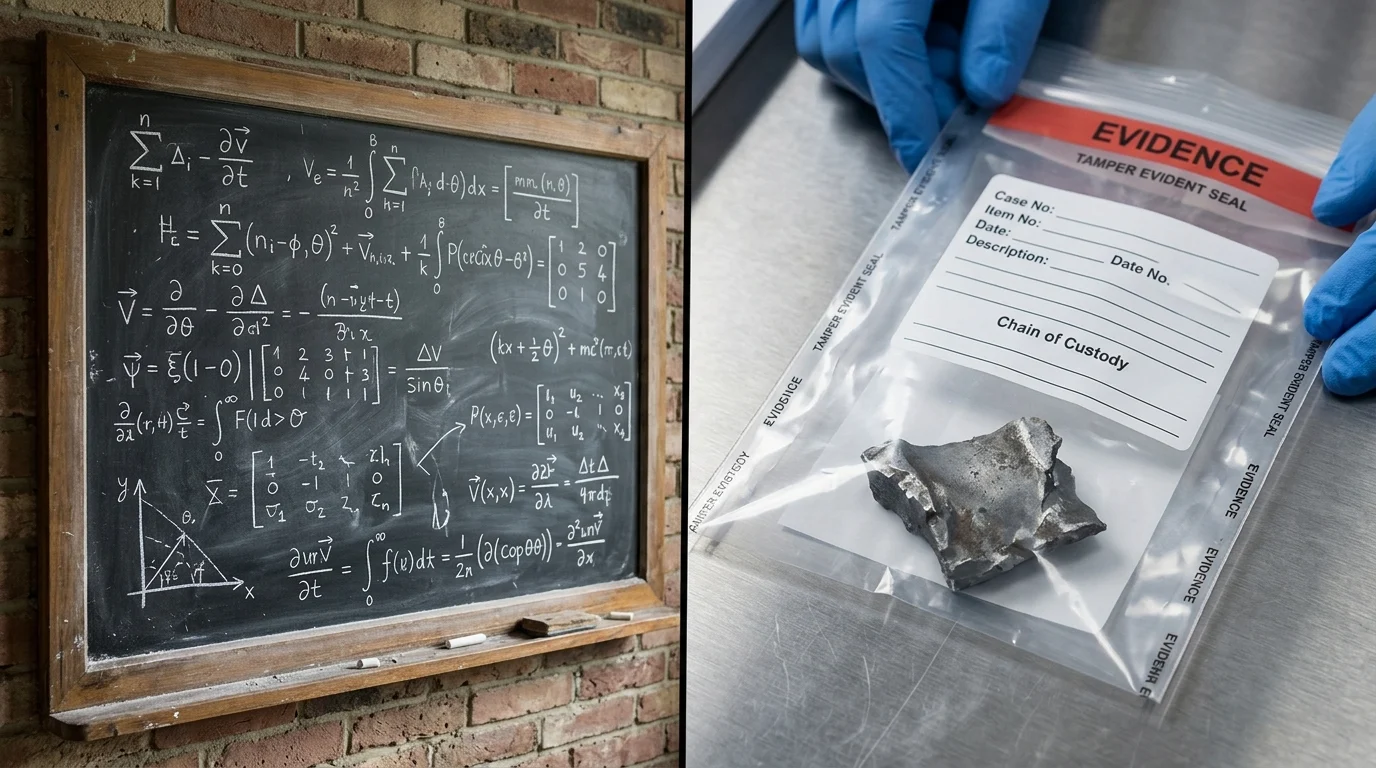 A split image comparing 1950s mathematics with 1990s forensic evidence.