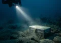 A conceptual underwater search scene showing a flashlight beam illuminating a submerged object in dark blue water.