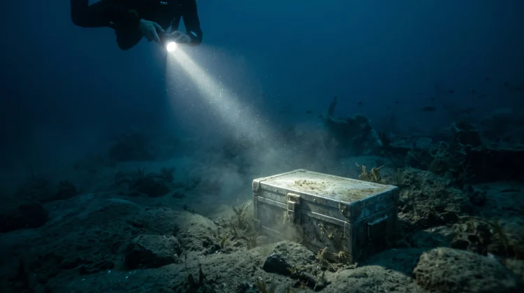 A conceptual underwater search scene showing a flashlight beam illuminating a submerged object in dark blue water.