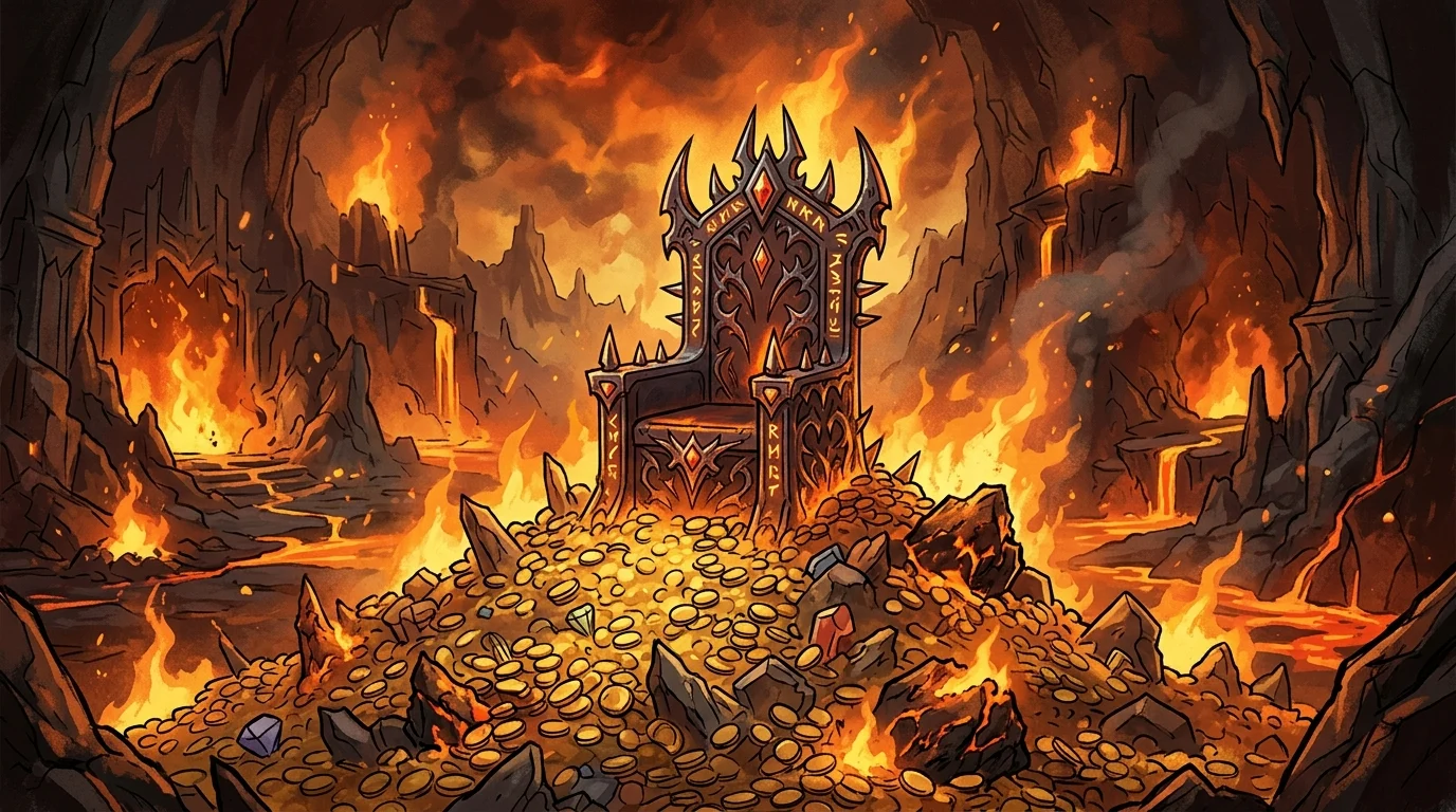 A cartoonish throne in a fiery cavern setting.
