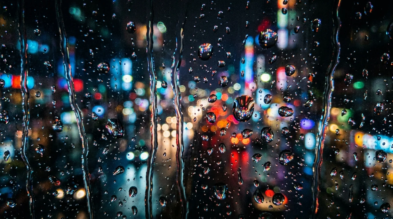 Abstract rainy city window with neon reflections.
