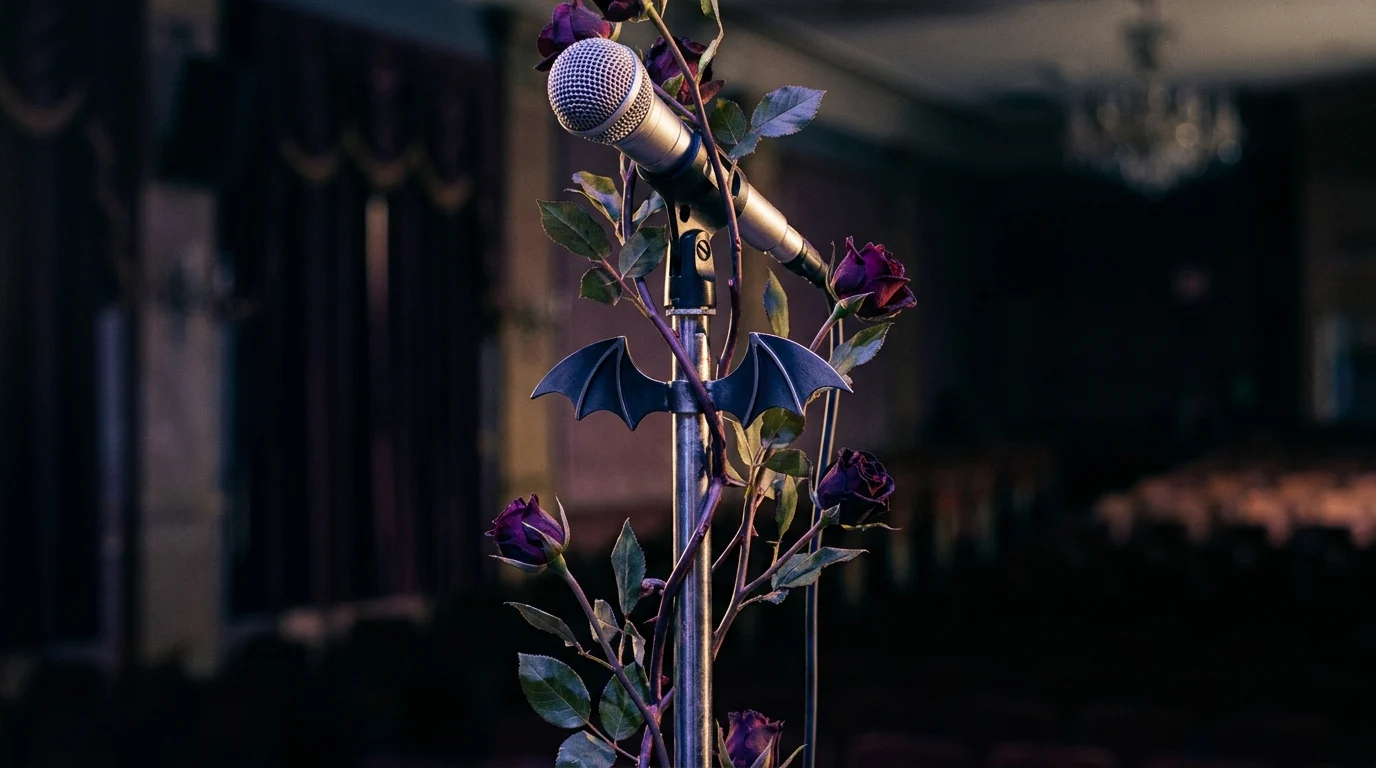 A microphone stand wrapped in purple vines and bat motifs on a stage.
