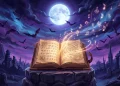 A conceptual illustration of a prophecy book under a full moon with bat silhouettes and musical notes.