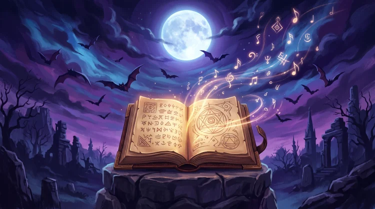 A conceptual illustration of a prophecy book under a full moon with bat silhouettes and musical notes.