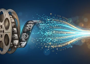 A conceptual illustration of a vintage film reel and digital streaming lights.