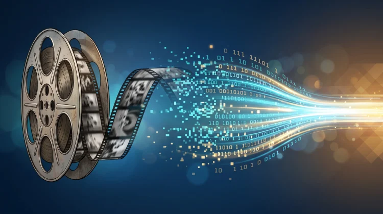A conceptual illustration of a vintage film reel and digital streaming lights.