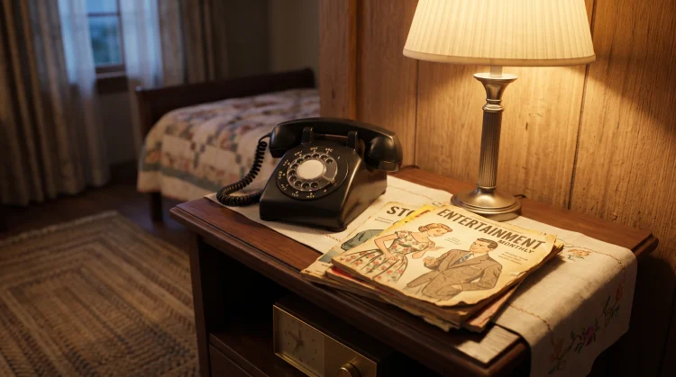 A vintage bedside table with 1950s era items and old magazines suggesting a storyteller's setting.