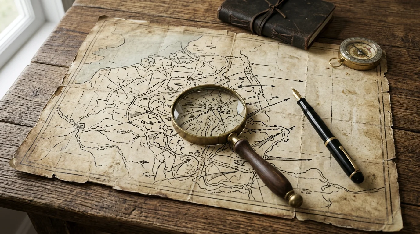 A vintage 1940s military map laid out on a wooden table with a magnifying glass.