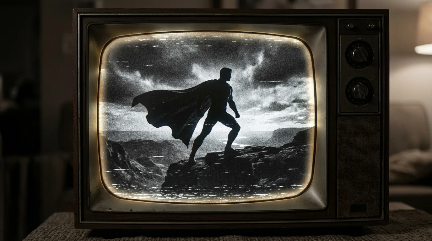 A vintage 1950s television set showing a superhero silhouette.