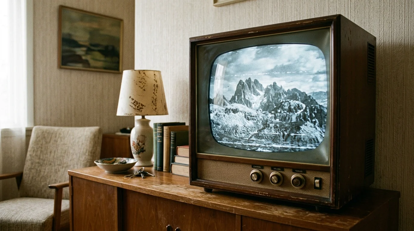 A vintage 1950s television displaying a black and white desert scene.