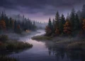 A misty pine forest landscape next to a river at dusk.