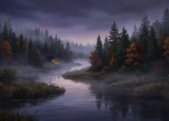 A misty pine forest landscape next to a river at dusk.