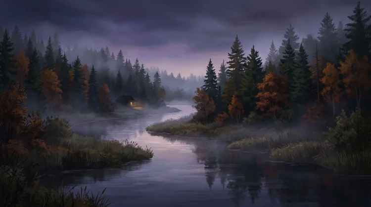 A misty pine forest landscape next to a river at dusk.