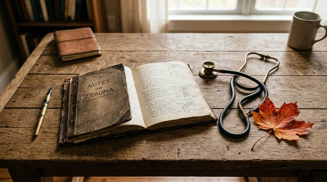 A medical journal and autumn leaf on a wooden desk representing seasonal and psychological themes.