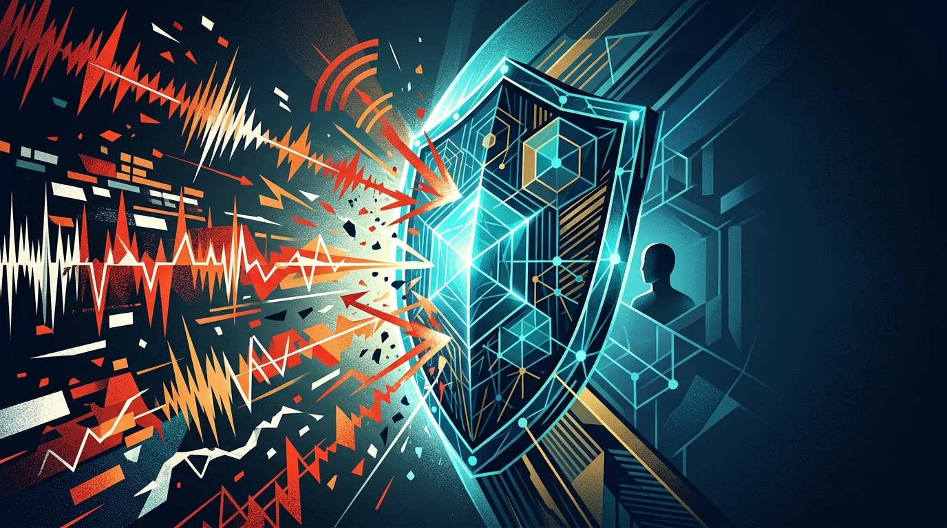 Abstract digital shield blocking incoming phone signal waves.