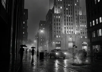 A noir-style 1950s New York City street at night.