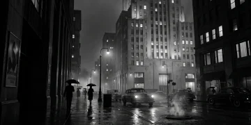 A noir-style 1950s New York City street at night.