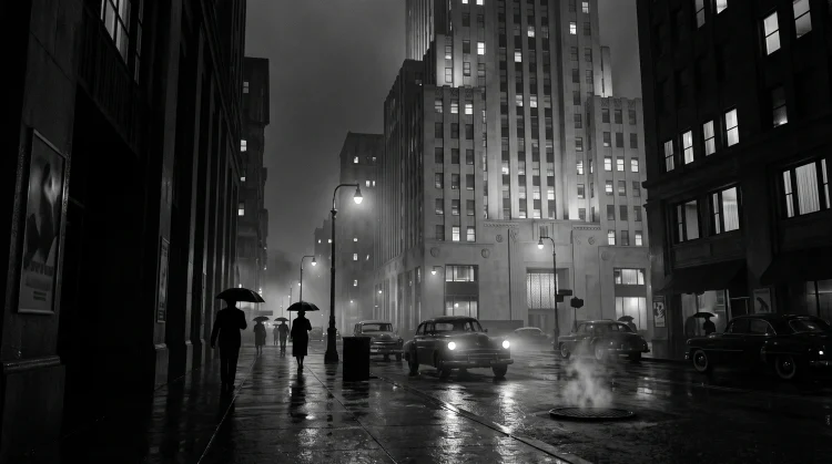 A noir-style 1950s New York City street at night.